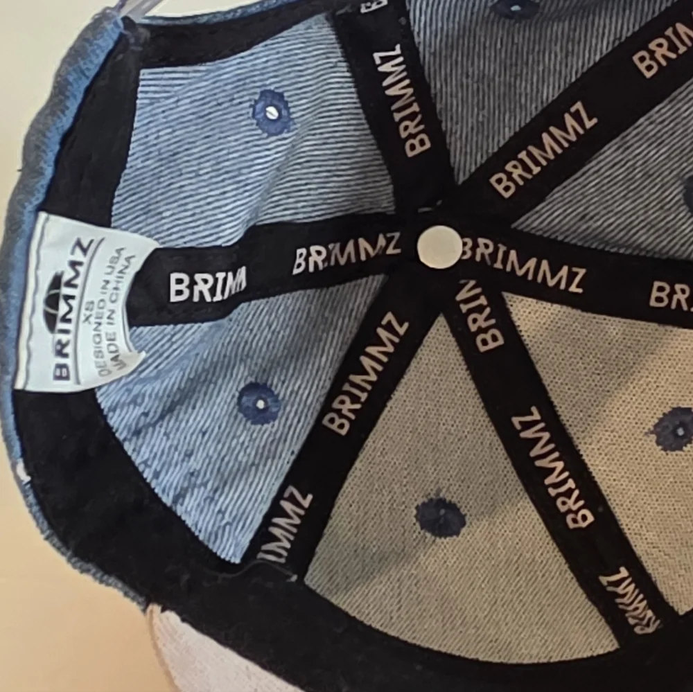 Brimmz Trucker Hat snap back Denim Chambray black Blue White Stripe XS